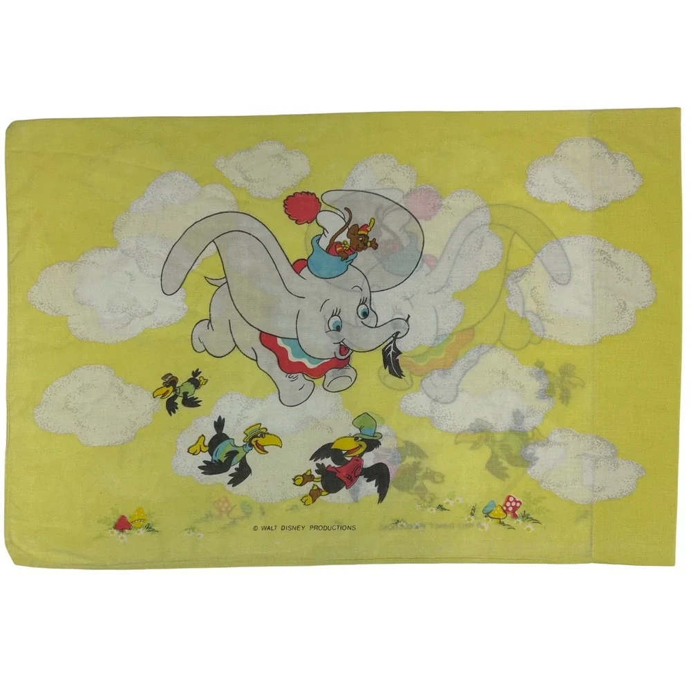 Vintage Walt Disney Productions Dumbo Flying Elephant Yellow Pillowcase Retro